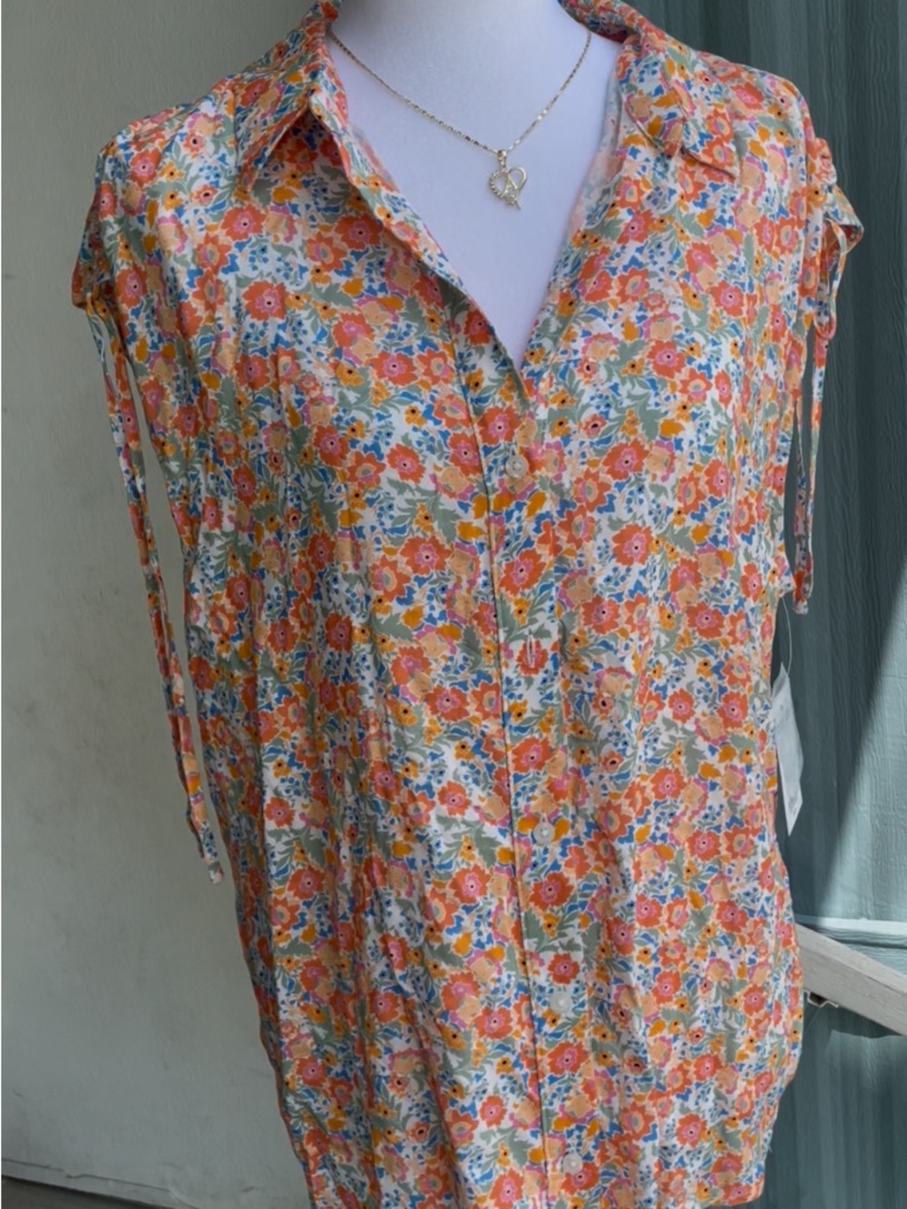 croft & barrow Orange Multi Floral Tie-Sleeve Button Down Shirt